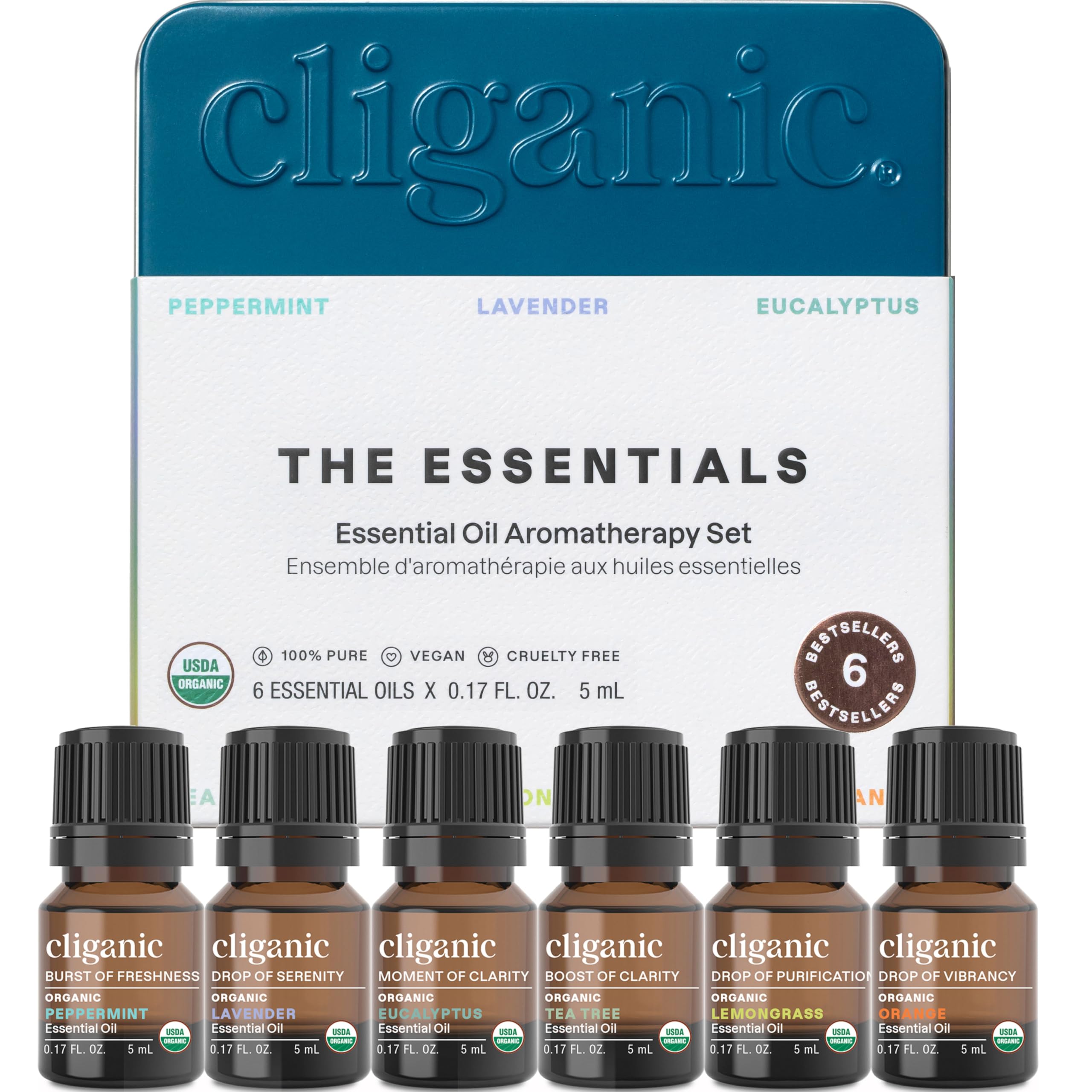 Cliganic set frontal mostrando seis frascos, fácil elección de aromas