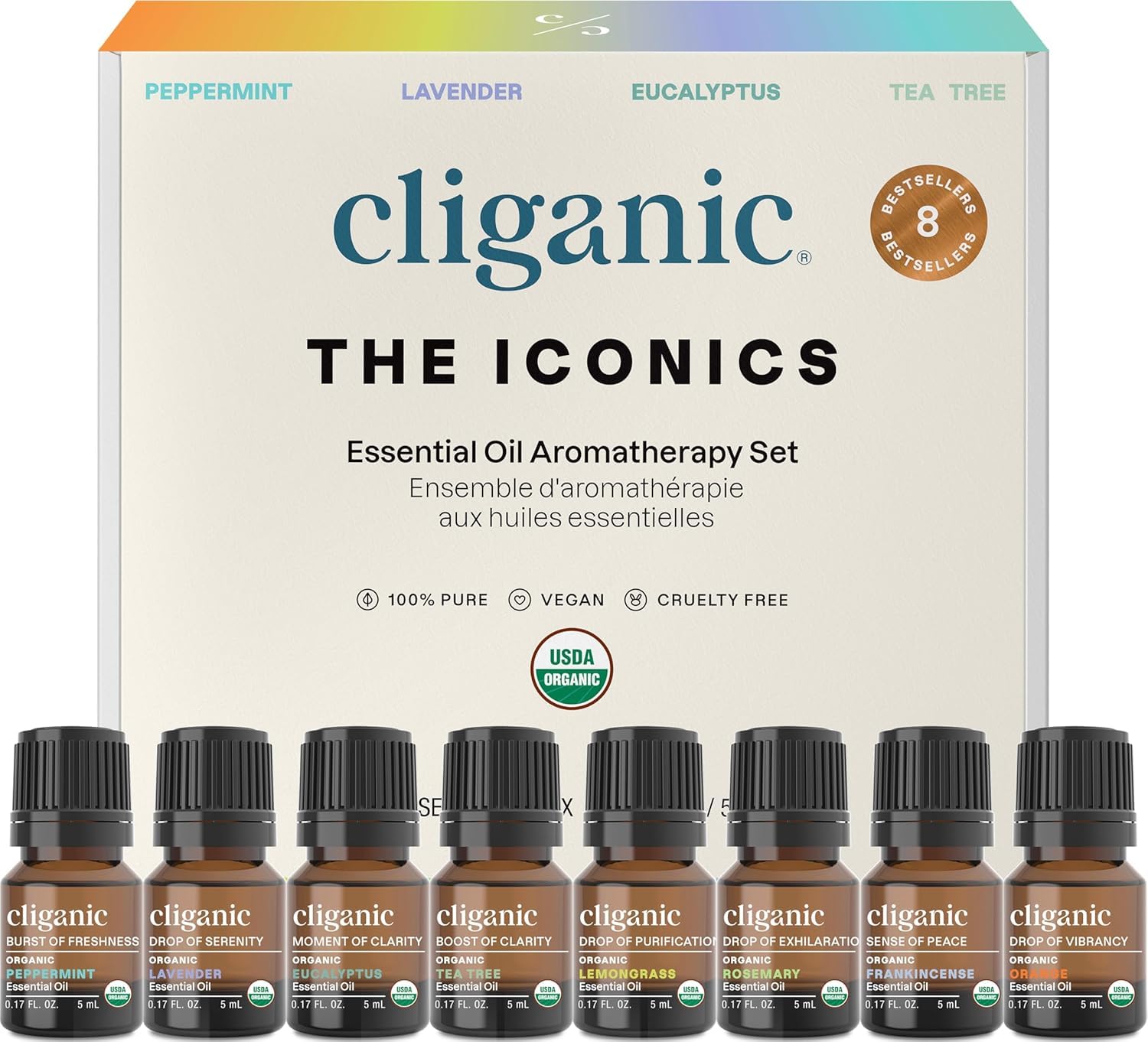 Cliganic set frontal mostrando las ocho botellas y variedad aromática