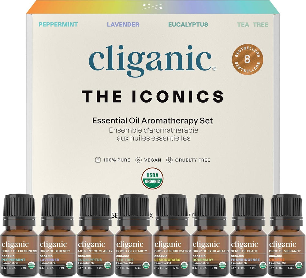 Cliganic set frontal mostrando las ocho botellas y variedad aromática