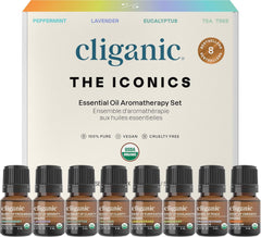Cliganic set frontal mostrando las ocho botellas y variedad aromática