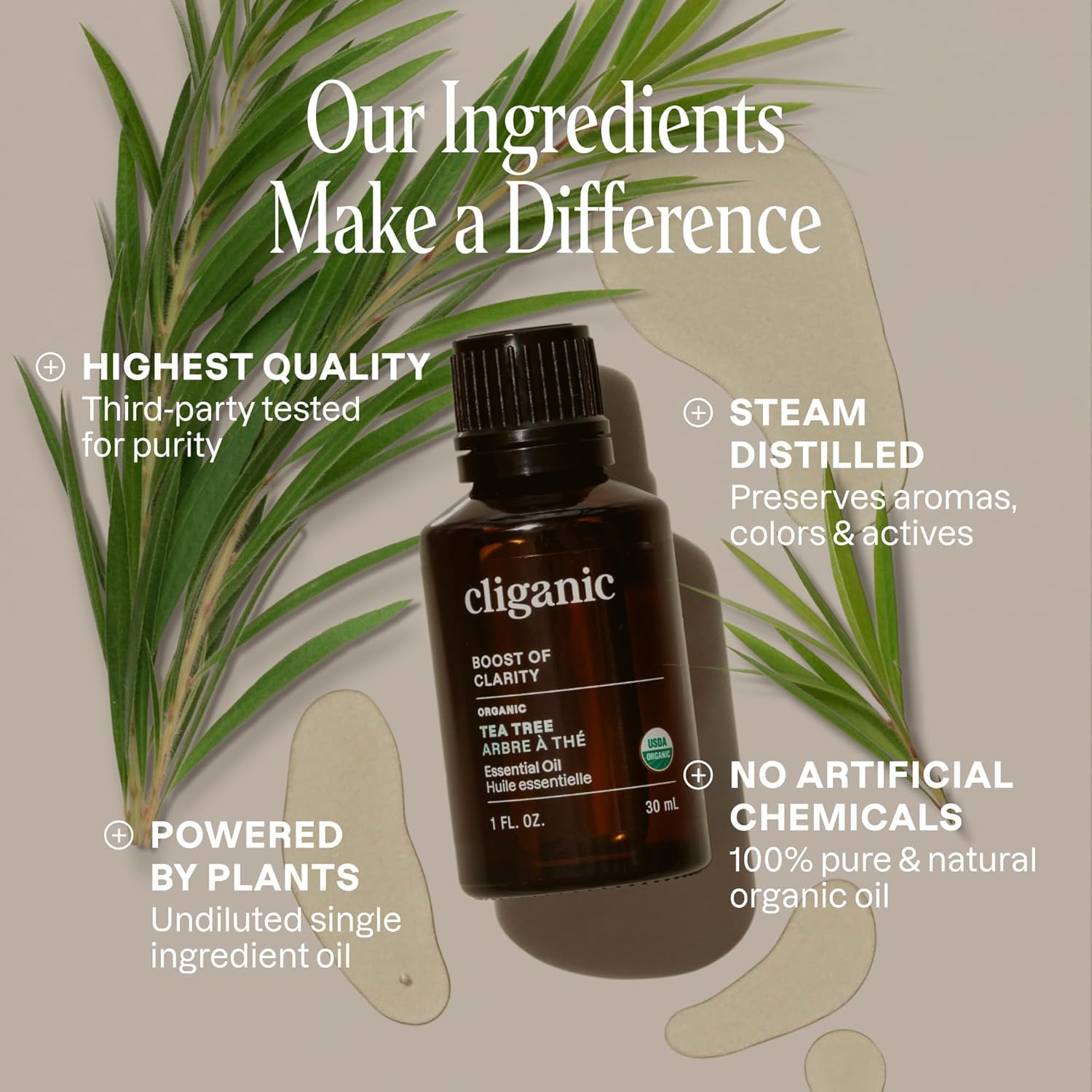 Cliganic gota de aceite en la palma demostrando textura ligera y uso fácil
