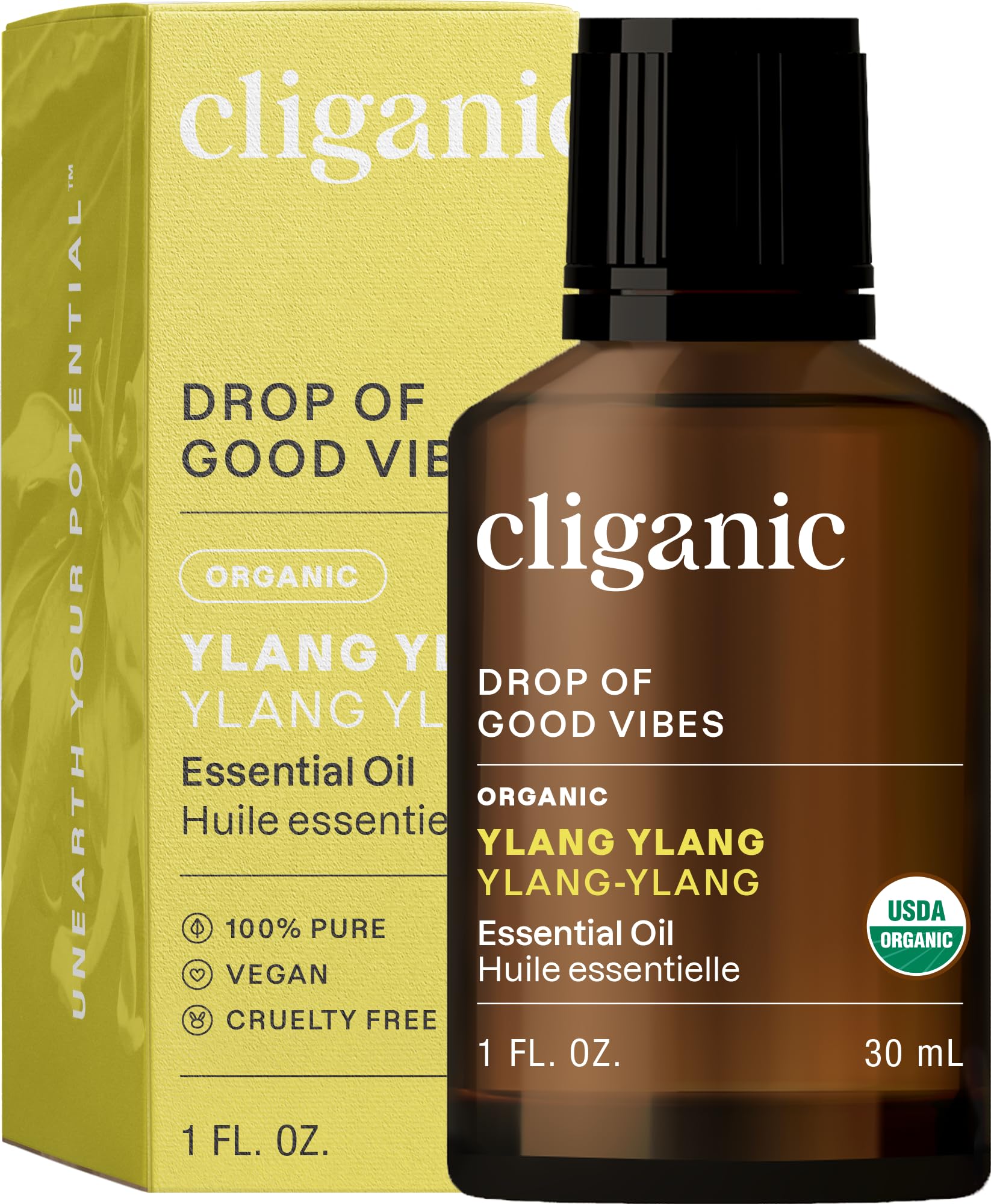 Cliganic Ylang Ylang, botella de aceite puro, ideal para aromaterapia y relajación.