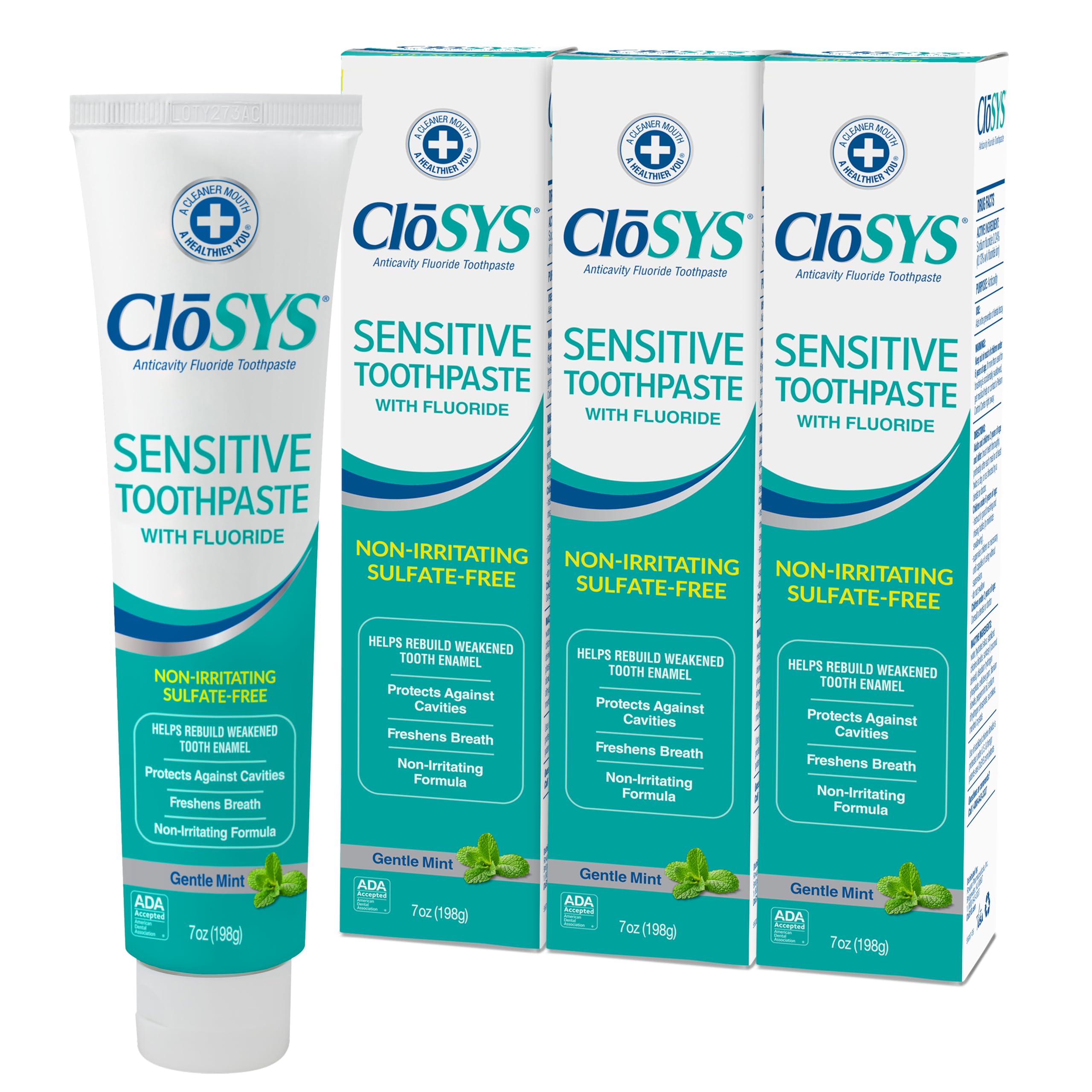 CloSYS frente del empaque mostrando marca y beneficios, limpieza confiable