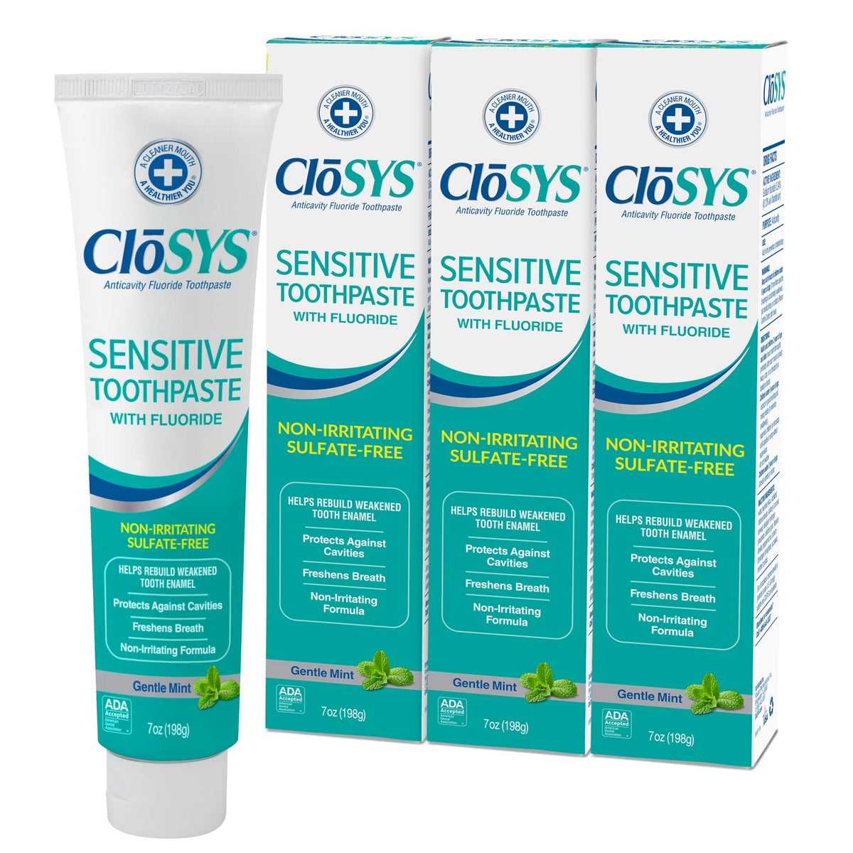 CloSYS frente del empaque mostrando marca y beneficios, limpieza confiable