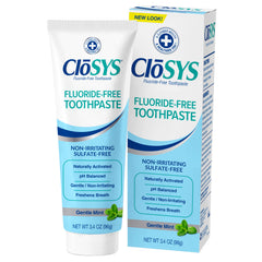 CloSYS frente del tubo mostrando menta suave y tamaño viaje