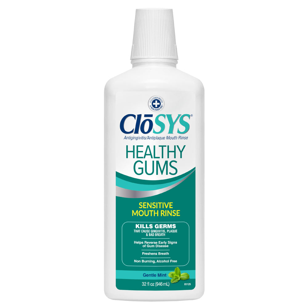 CloSYS botella frontal 32 oz mostrando protección gingival y frescura