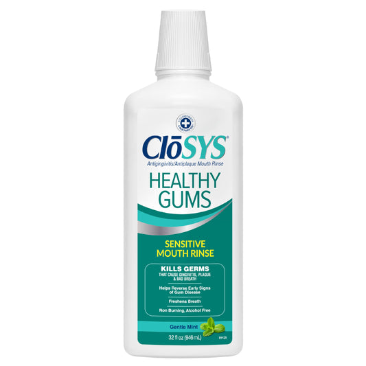 CloSYS botella frontal 32 oz mostrando protección gingival y frescura
