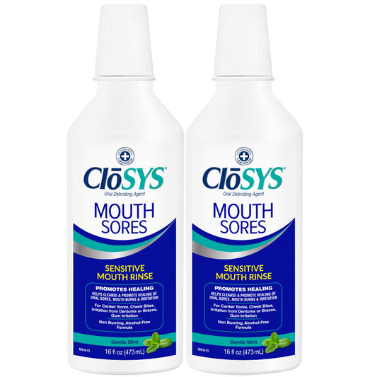 CloSYS envase frontal 16 oz mostrando etiqueta y beneficio de alivio suave