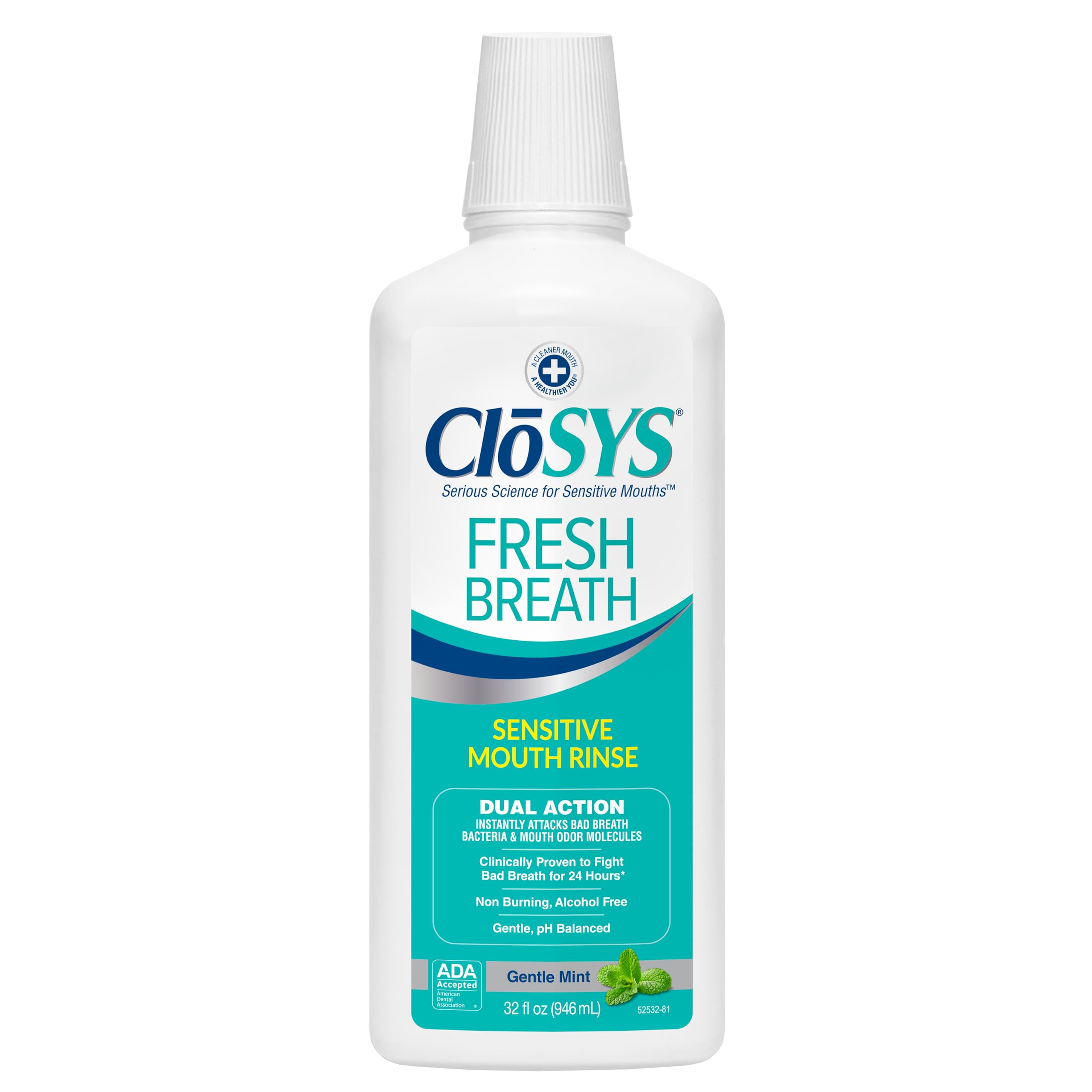 CloSYS envase frontal 32 oz mostrando el diseño y beneficio antimal aliento