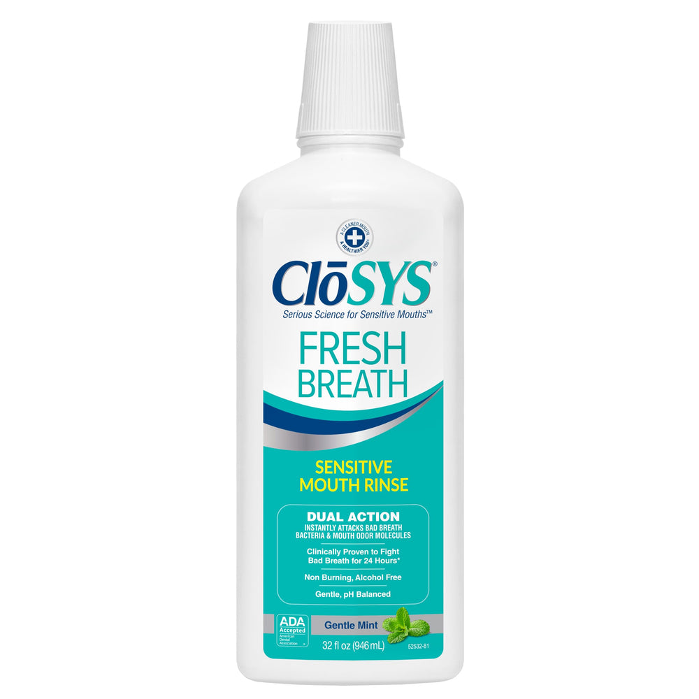 CloSYS envase frontal 32 oz mostrando el diseño y beneficio antimal aliento
