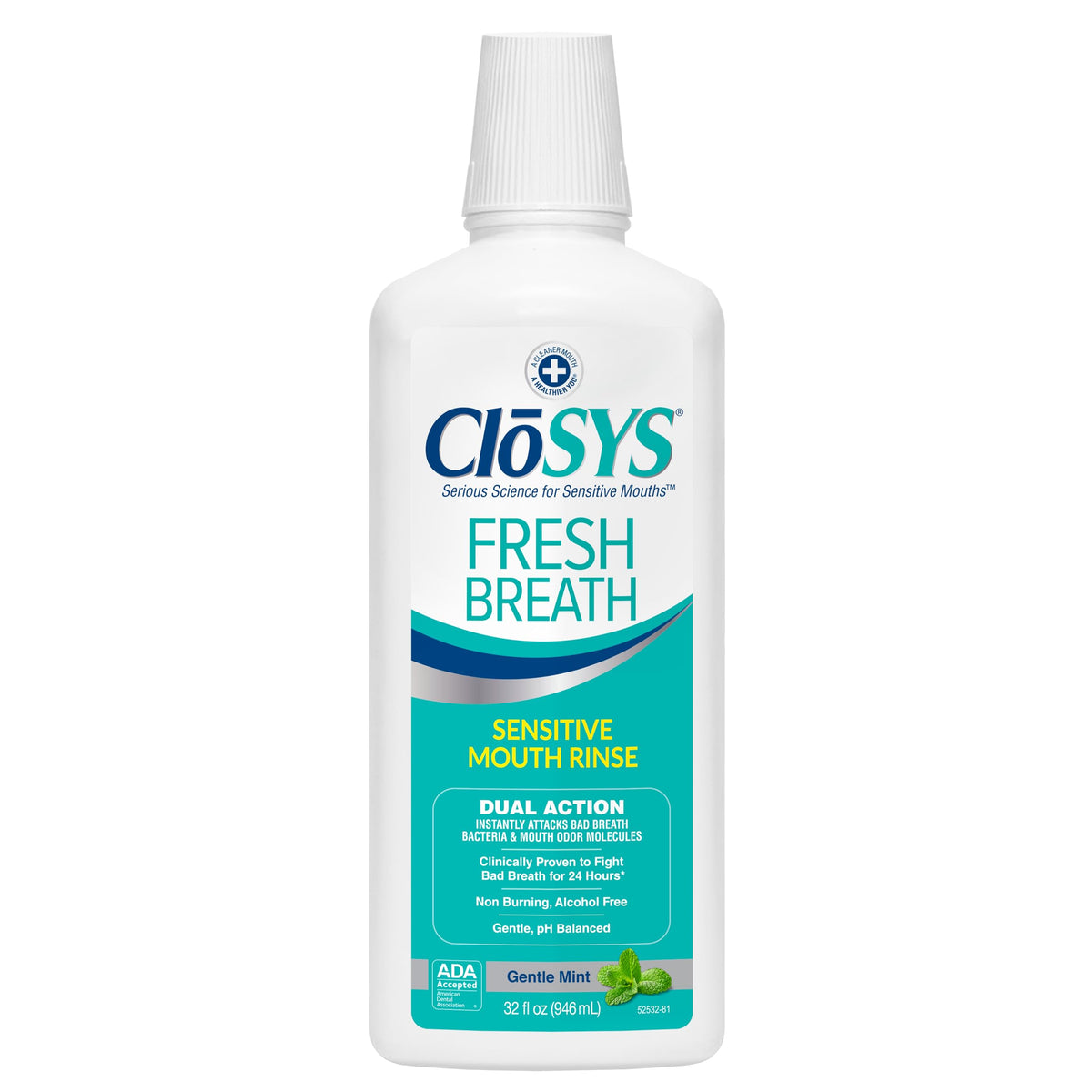 CloSYS envase frontal 32 oz mostrando el diseño y beneficio antimal aliento