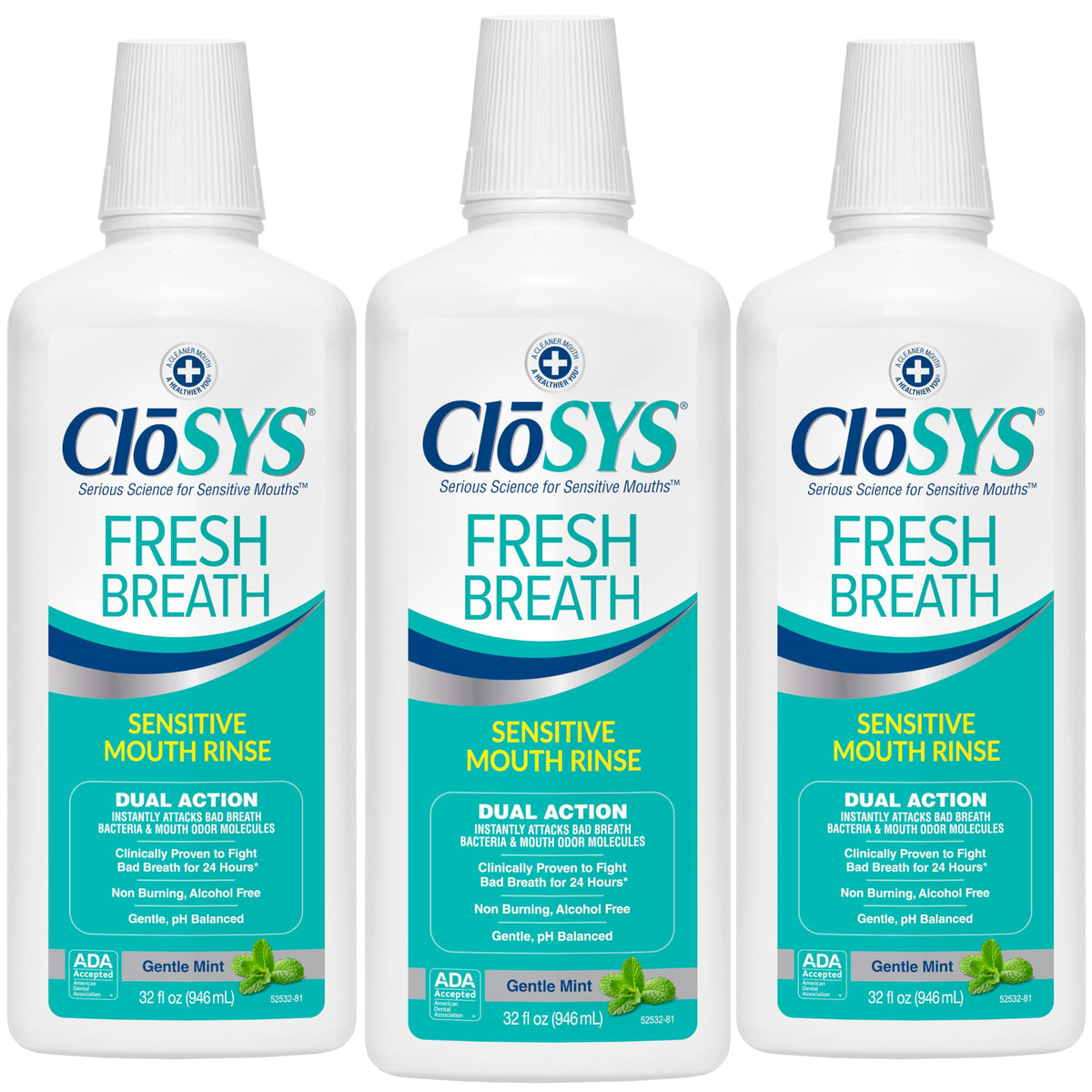 CloSYS vista frontal pack de tres botellas para frescura prolongada
