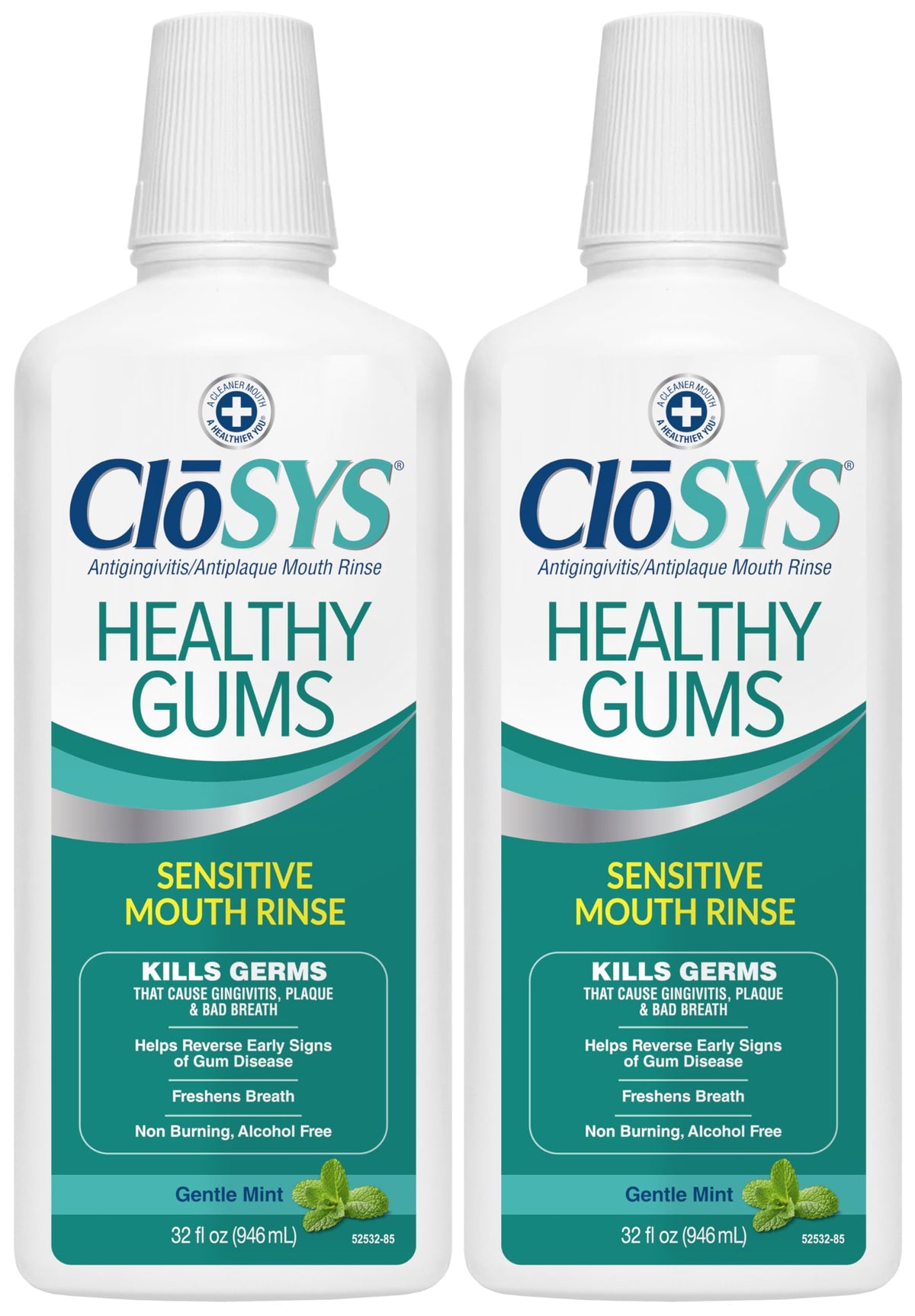 CloSYS pack frontal de dos botellas 32 oz mostrando etiqueta clara y beneficios