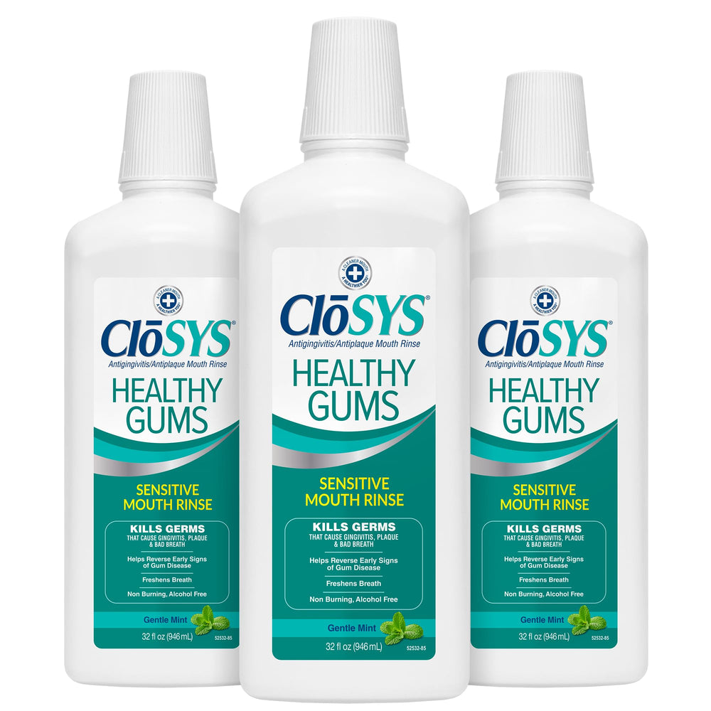 CloSYS imagen frontal del pack de 3 frascos que muestra la presentación y beneficio de cuidado gingival