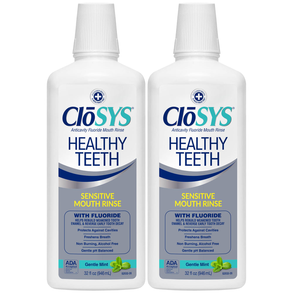 CloSYS frontal del envase mostrando diseño limpio y beneficio anticaries