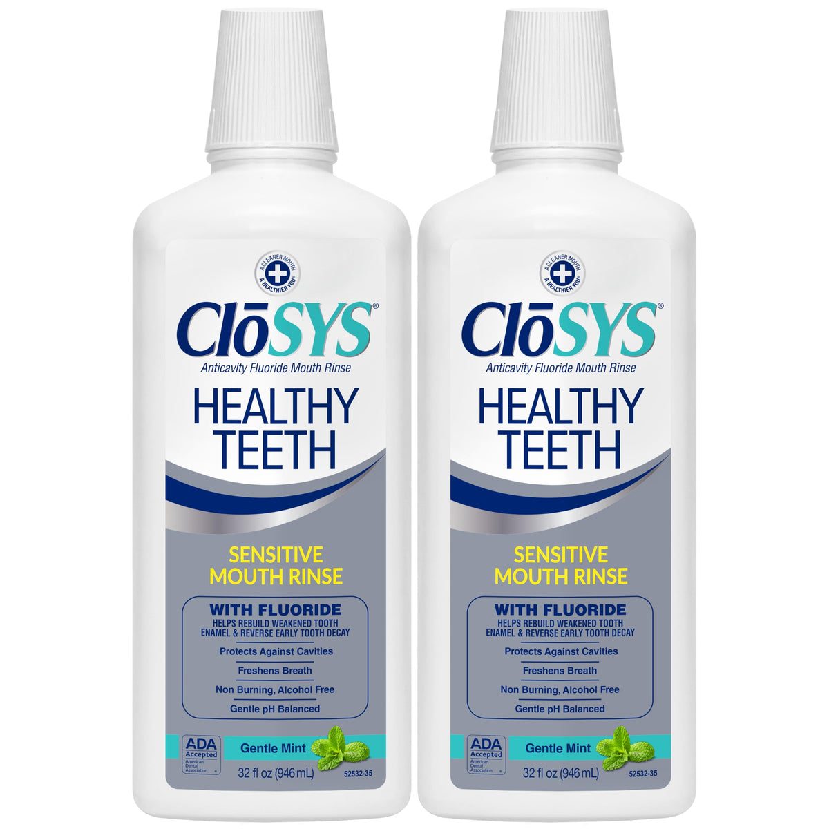 CloSYS frontal del envase mostrando diseño limpio y beneficio anticaries