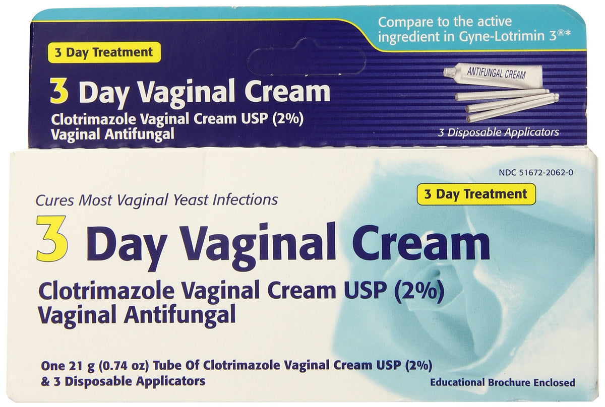Clotrimazole vaginal frente del empaque mostrando 0.74 oz y tres dosis, facilidad de uso