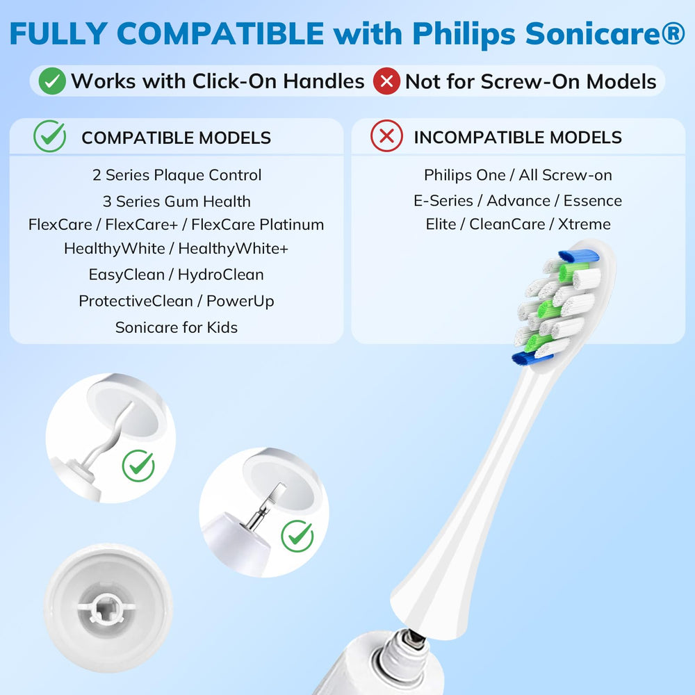 Cabezales CloudDent montados en cepillo Sonicare demostrando ajuste Snap‑On