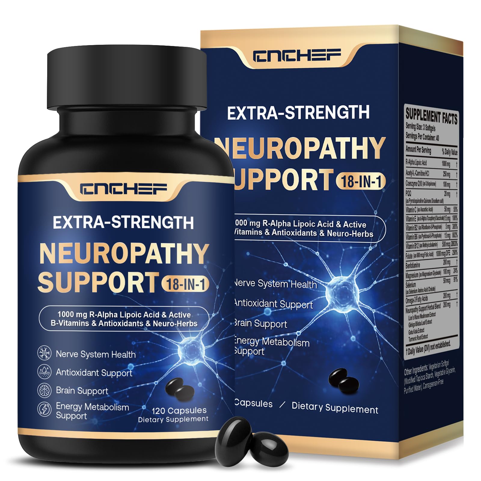 CNCHEF frasco frontal Neuropathy Support mostrando diseño y cantidad, aporta confianza visual