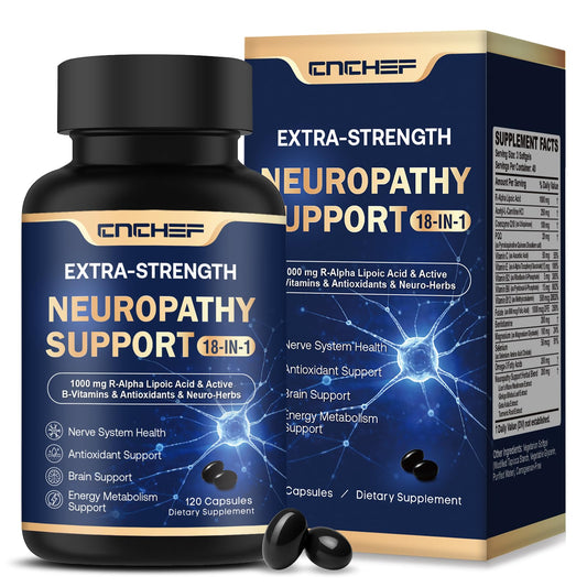 CNCHEF frasco frontal Neuropathy Support mostrando diseño y cantidad, aporta confianza visual