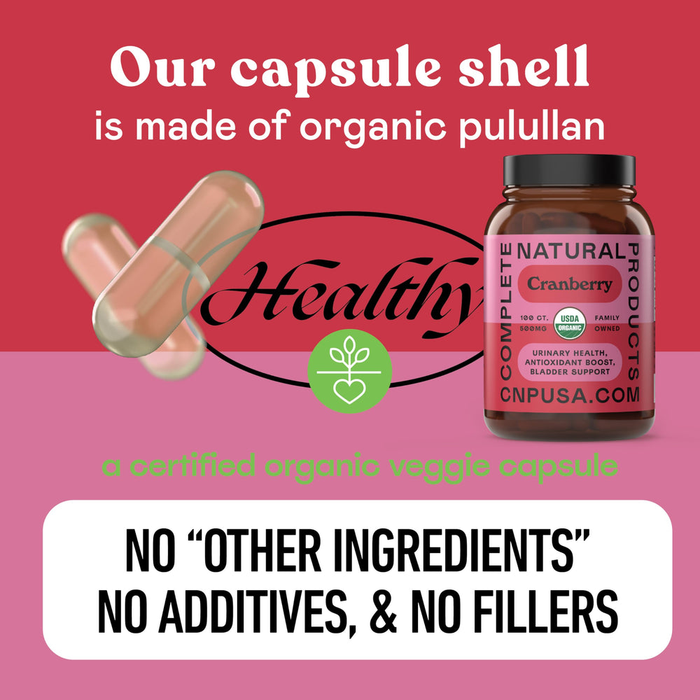 Frasco abierto Complete Natural Products mostrando cápsulas internas limpias