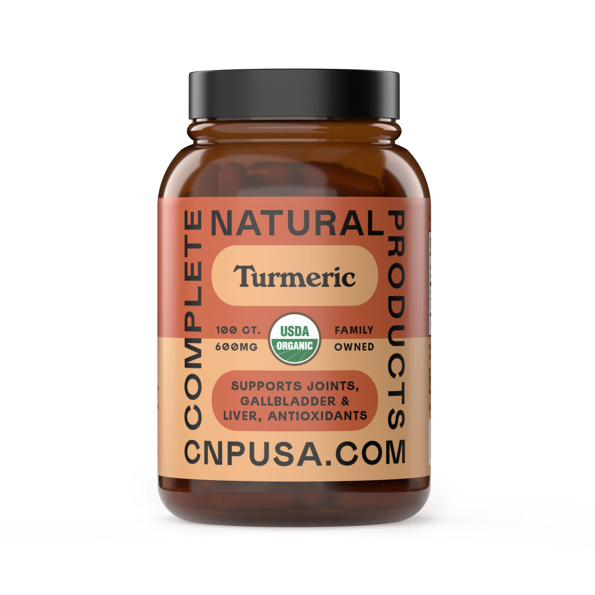 Complete Natural Products envase frontal de cápsulas de cúrcuma, identificación clara