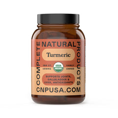 Complete Natural Products envase frontal de cápsulas de cúrcuma, identificación clara