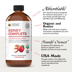 Etiqueta de CNP Kidney Complete con sellos orgánico y non-GMO, garantía de calidad
