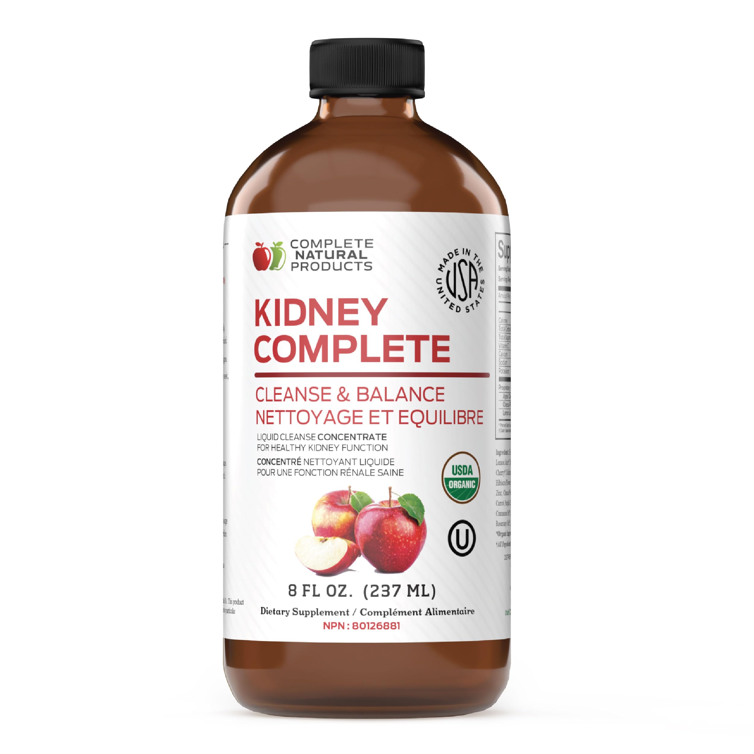 Complete Natural Products envase frontal Kidney Complete Liquid mostrando la marca y beneficios