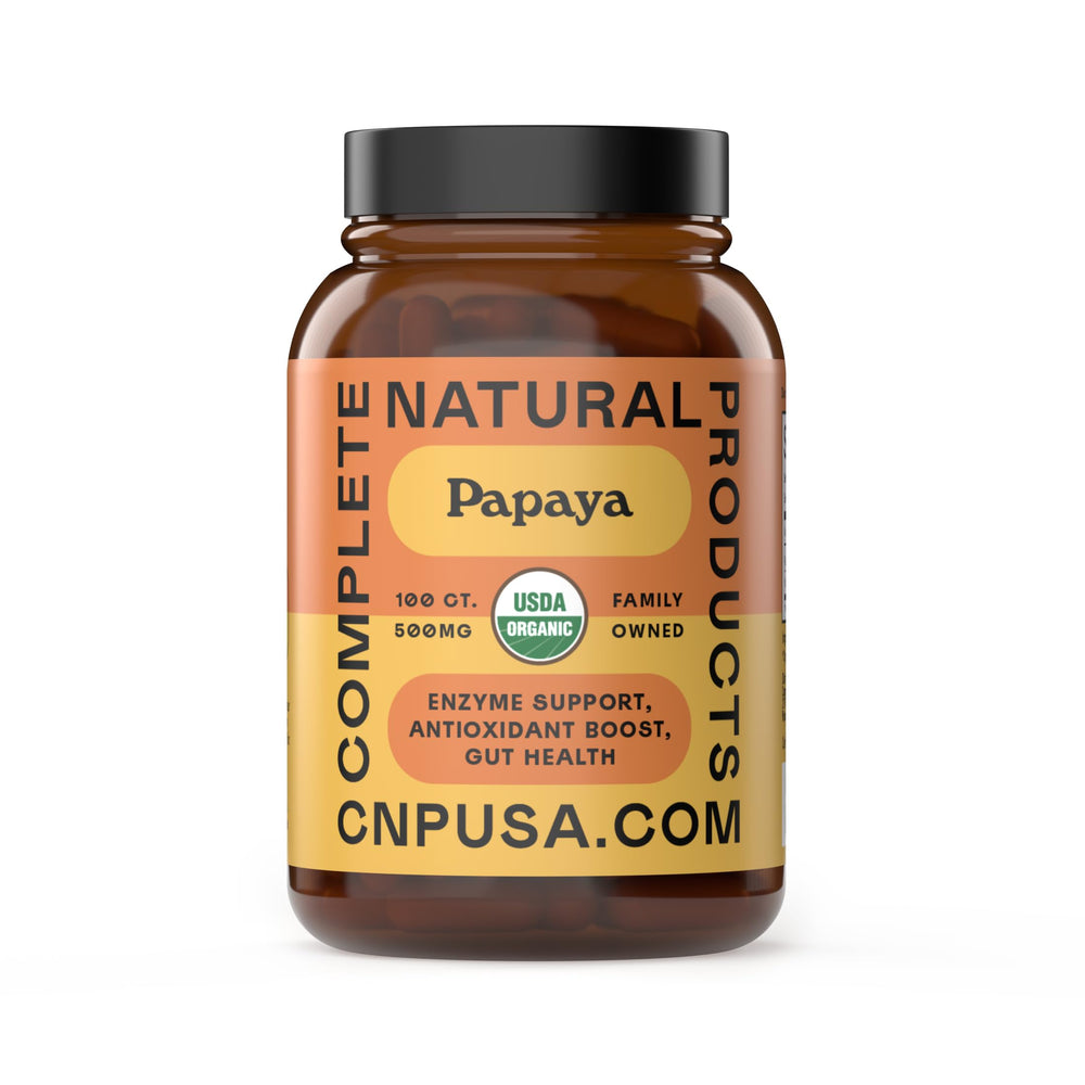 Complete Natural Products frasco frontal mostrando cápsulas y beneficios