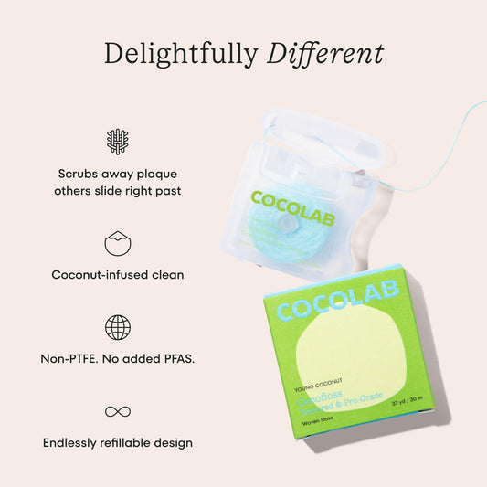 Cocolab Cocofloss primer plano del tejido expandible que atrapa placa y mejora limpieza