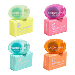 Cocofloss frontal del pack minis mostrando cuatro sabores y formato viaje, conveniencia.