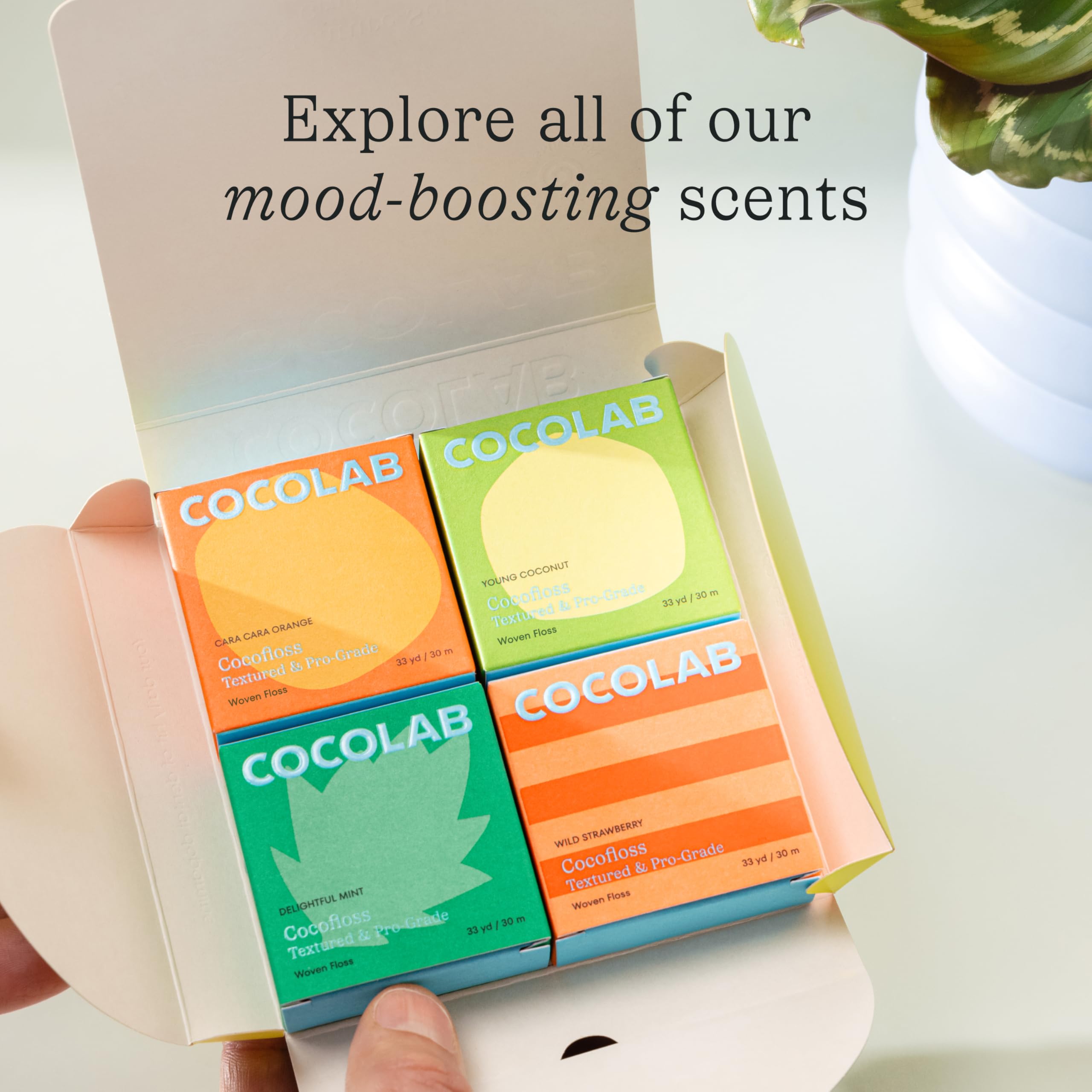 Cocolab Cocofloss hilo azul con placa visible para demostrar eficacia al limpiar