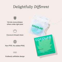Cocolab Cocofloss primer plano textura del hilo, malla tejida que atrapa placa