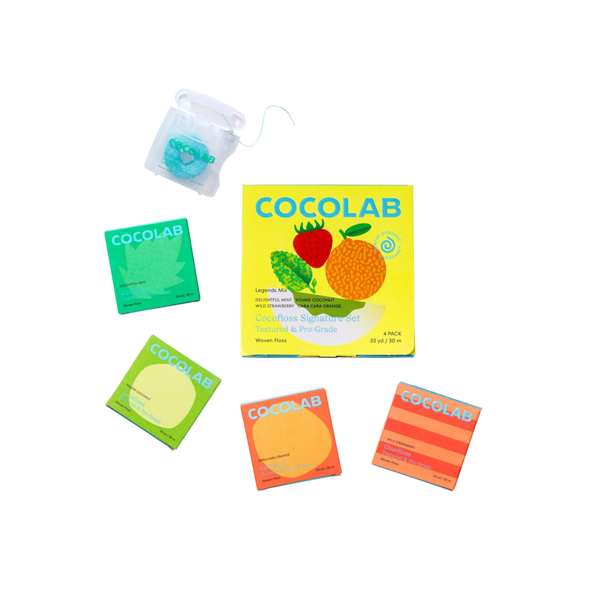 Cocolab Cocofloss empaque frontal mostrando el set de 4 rollos y beneficio ecológico