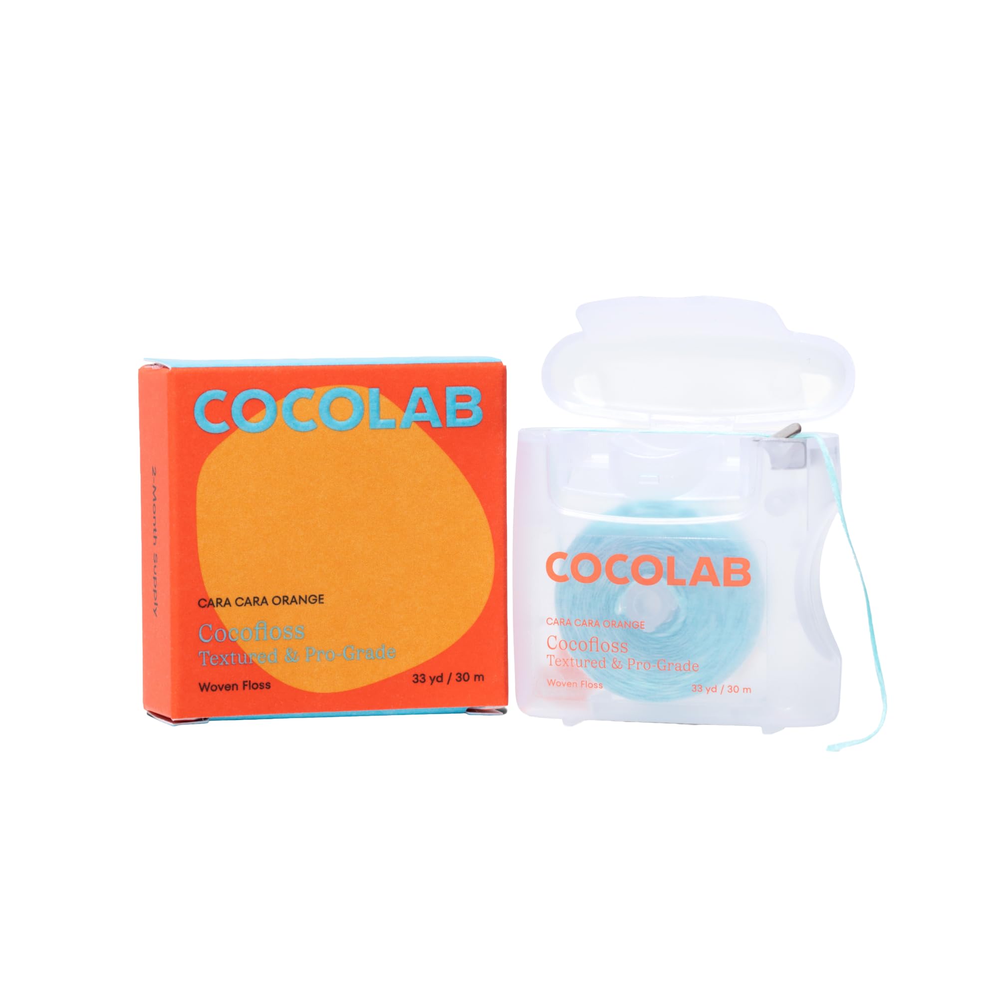 Cocolab Cocofloss frente del paquete mostrando diseño y aroma naranja, limpiado eficaz