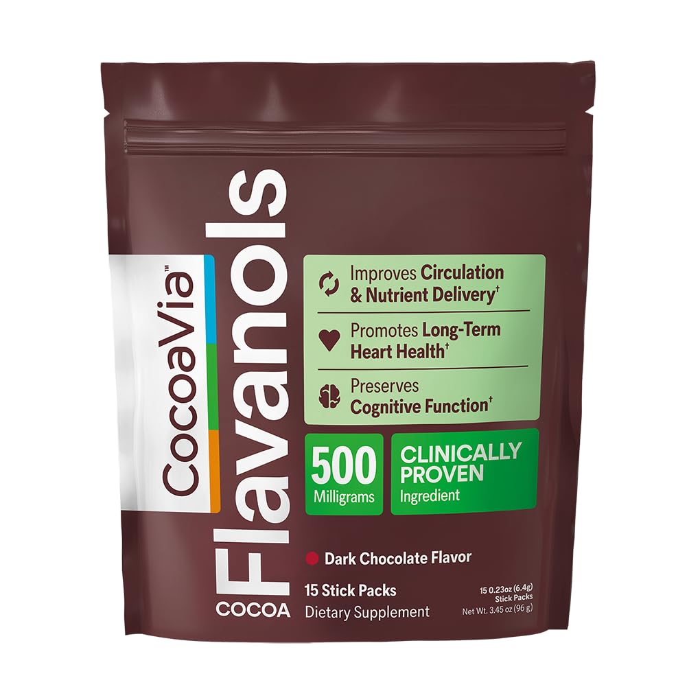 CocoaVia frente del empaque mostrando 15 sobres y beneficios certificados