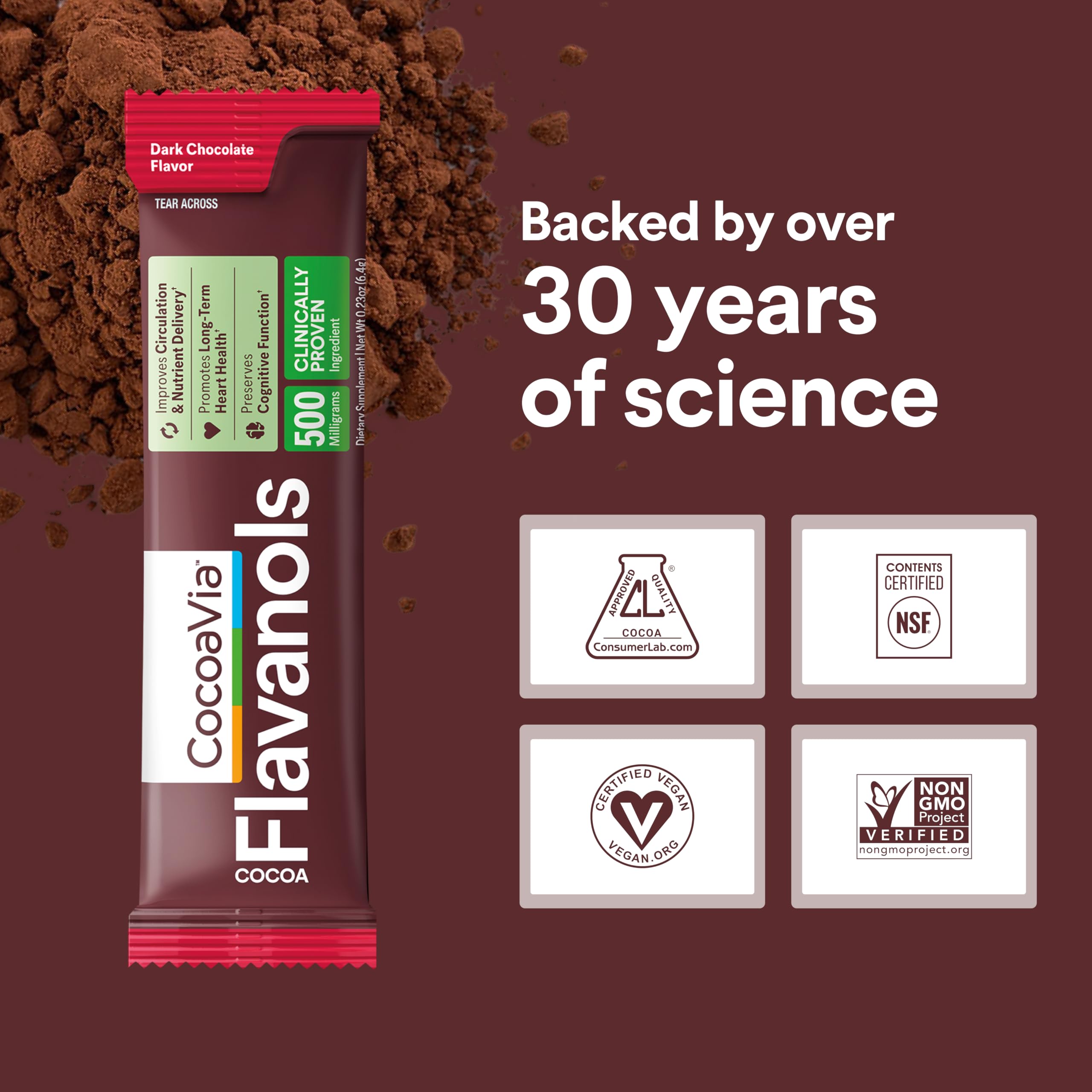 CocoaVia polvo de cacao en primer plano mostrando textura fina y mezcla fácil