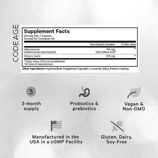 Codeage Akkermansia Muciniphila Ultra, botella trasera, equilibrio potencial de la microbiota.