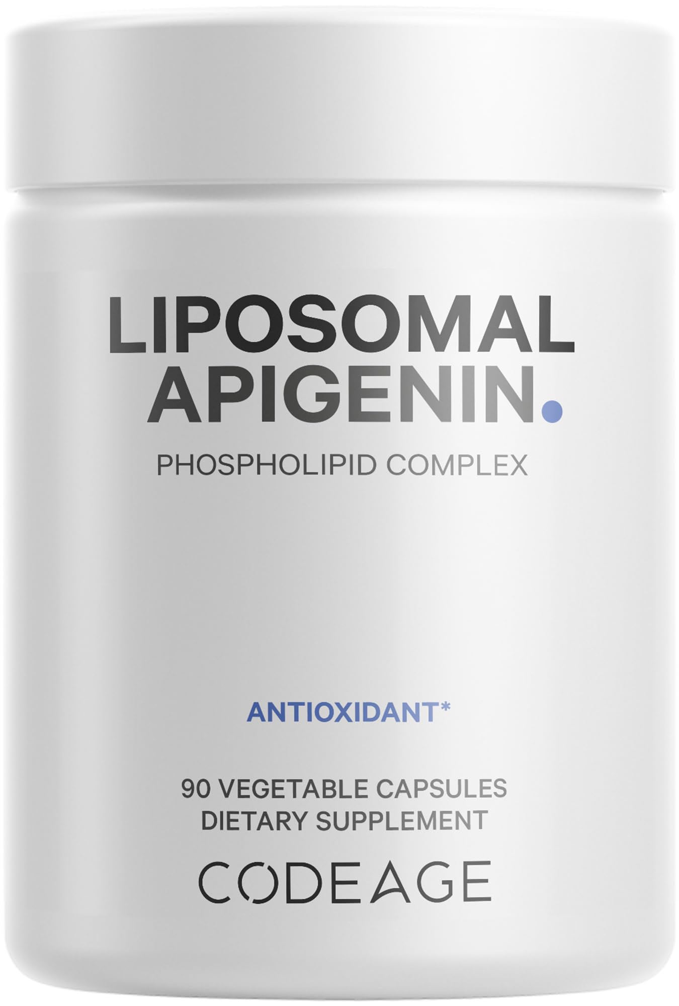 Codeage Apigenina Liposomal: envase de cápsulas para bienestar diario.