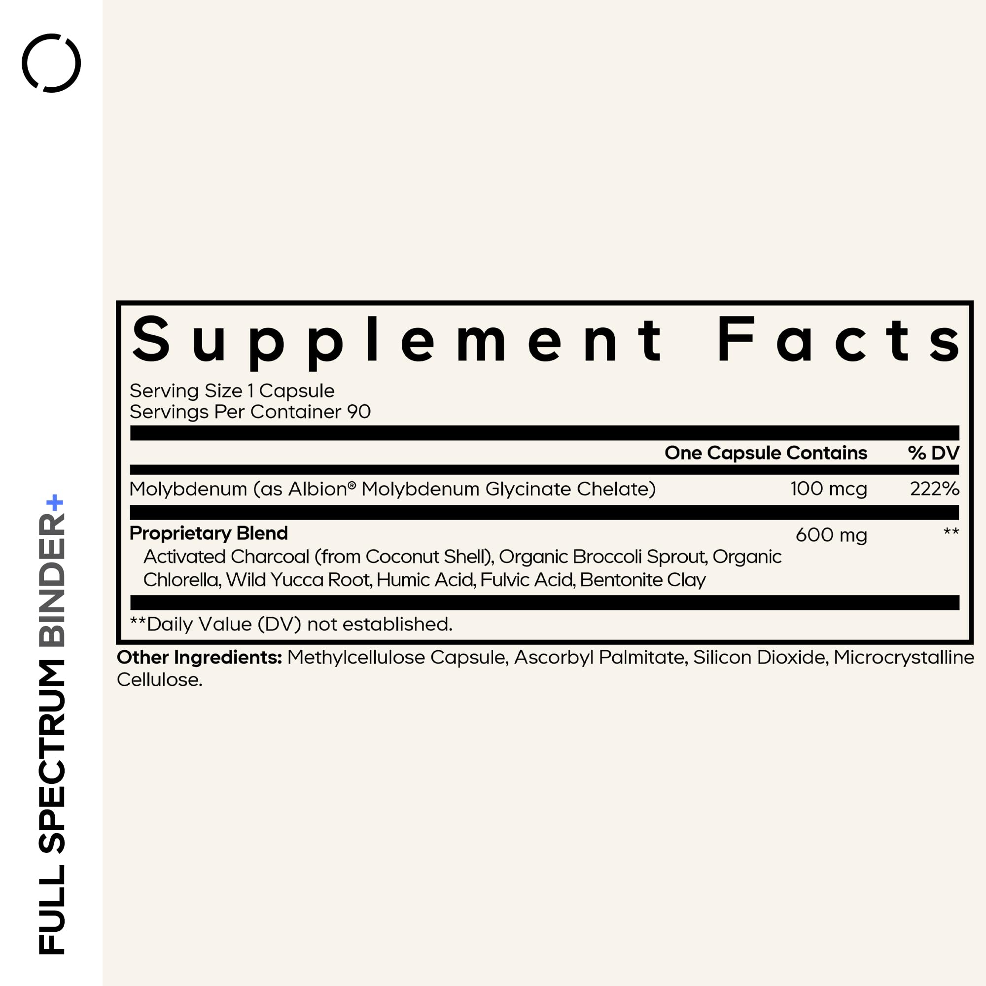 Codeage Binder: arcilla Bentonita visible y estructura mineral en la fórmula.