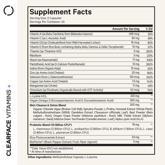 Codeage Clearface etiqueta de ingredientes con vitaminas y probióticos.