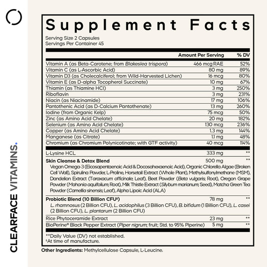 Codeage Clearface etiqueta de ingredientes para piel saludable