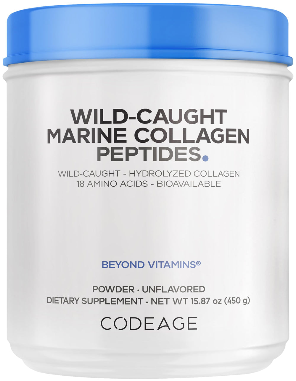 Codeage envase frontal mostrando colágeno marino y beneficio de pureza
