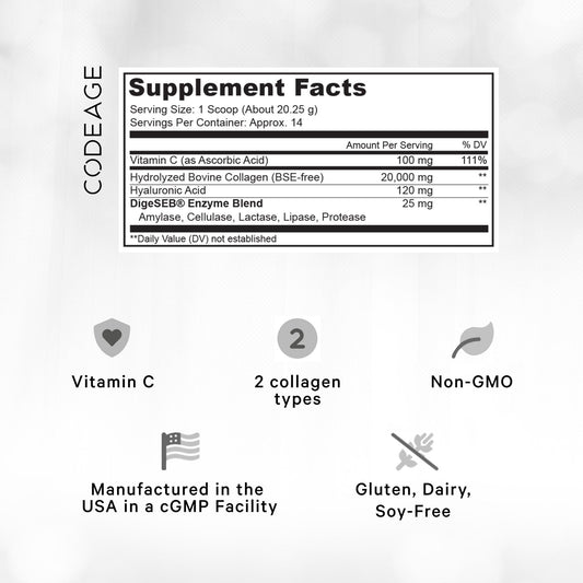 Codeage colágeno en polvo, cuchara, fácil añadir porción a bebidas.