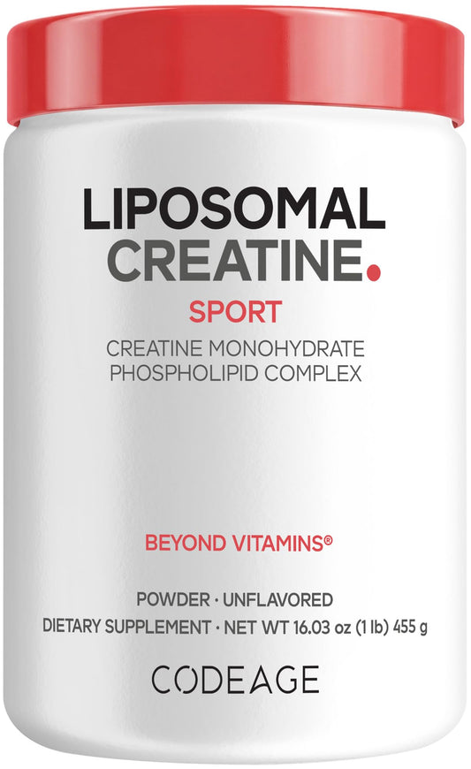 Codeage envase frontal mostrando creatina liposomal y 90 servicios, fácil almacenamiento