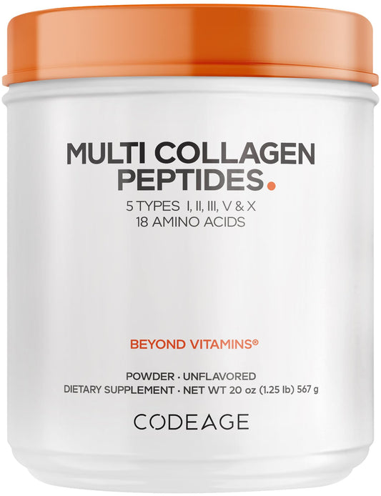 Codeage envase frontal Multi Collagen mostrando diseño y receta limpia