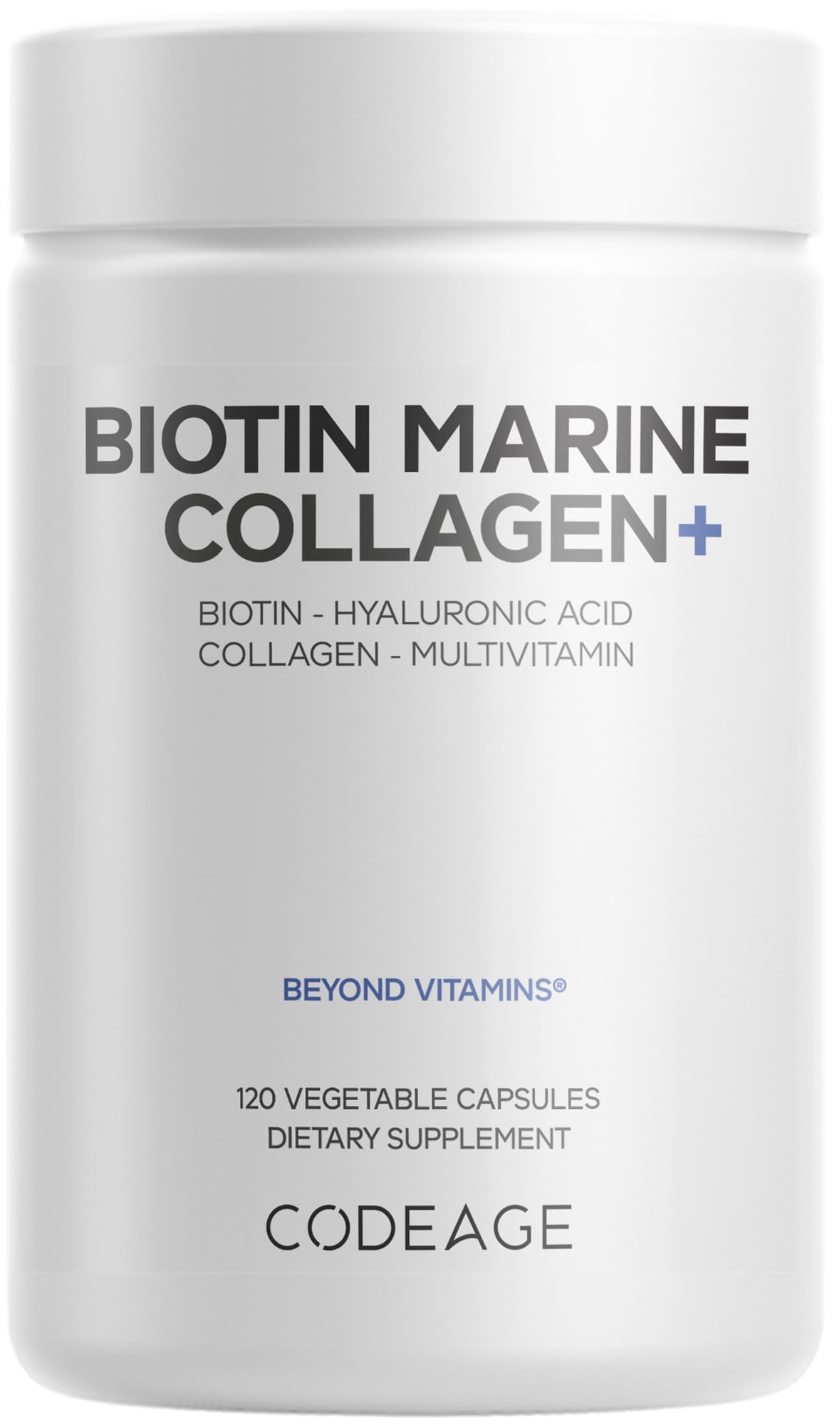 Codeage frasco frontal mostrando colágeno marino y beneficios diarios