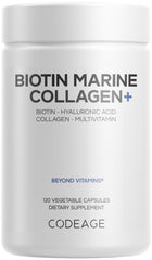 Codeage frasco frontal mostrando colágeno marino y beneficios diarios