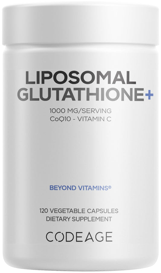 Frasco Codeage Liposomal Glutathione+ mostrando el envase y beneficio antioxidante
